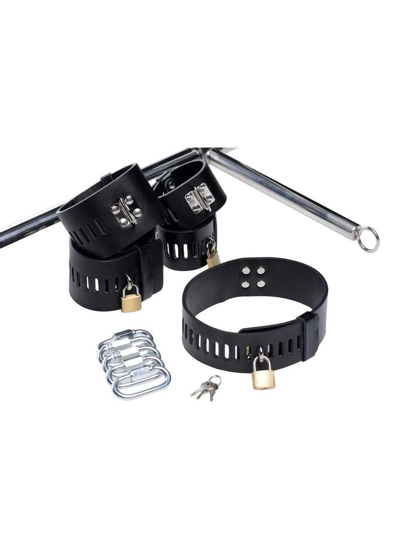 Master Series Imprisoned Metal Stockade with Dildo - Black/Metal