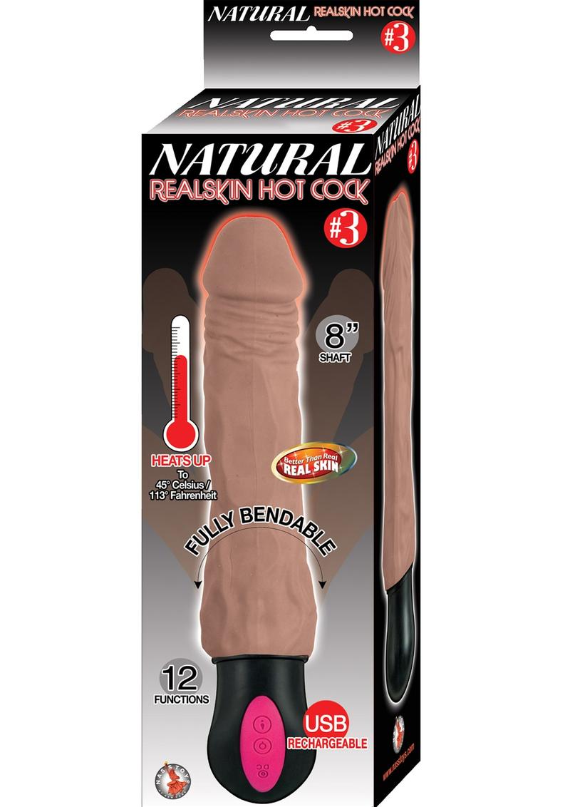 Natural Realskin Hot Cock 3 Rechargeable Warming Dildo - Chocolate - 8in