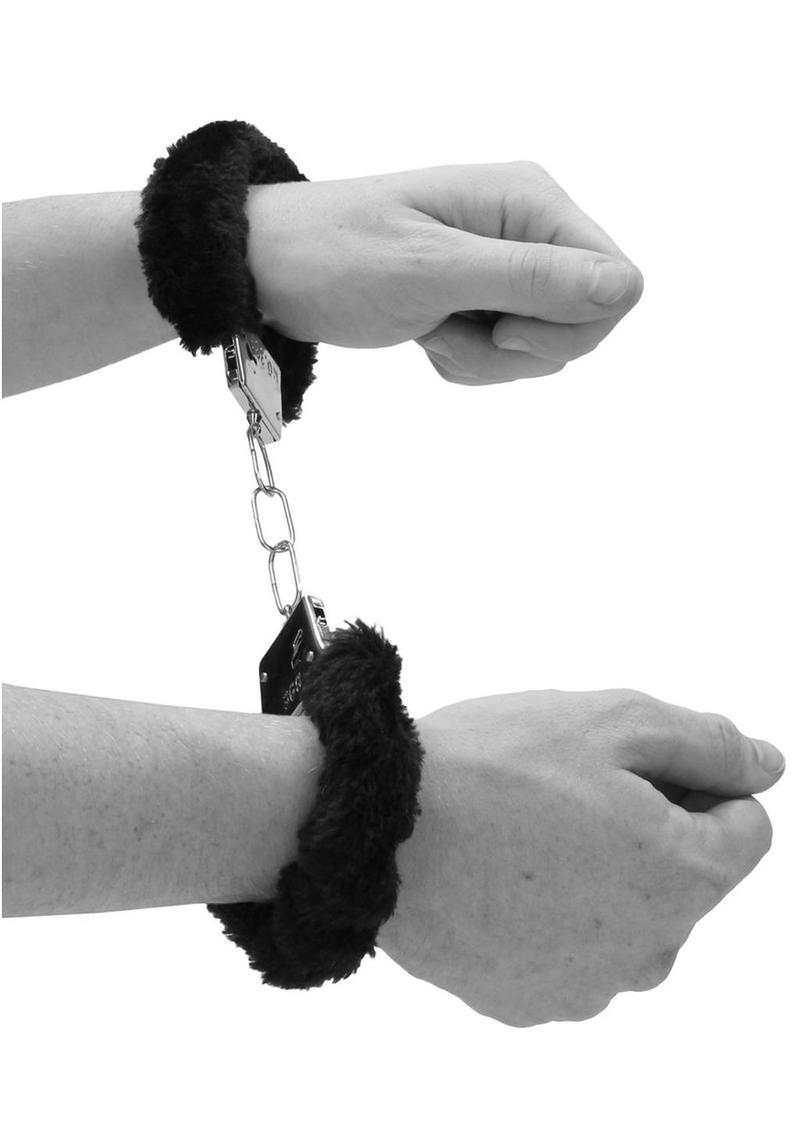 Ouch! Pleasure Furry Hand Cuffs with Quick Release Button - Black