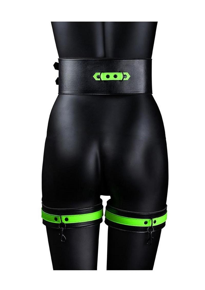 Ouch! Thigh Cuffs with Belt and Handcuffs - Glow In The Dark/Green - Large/XLarge