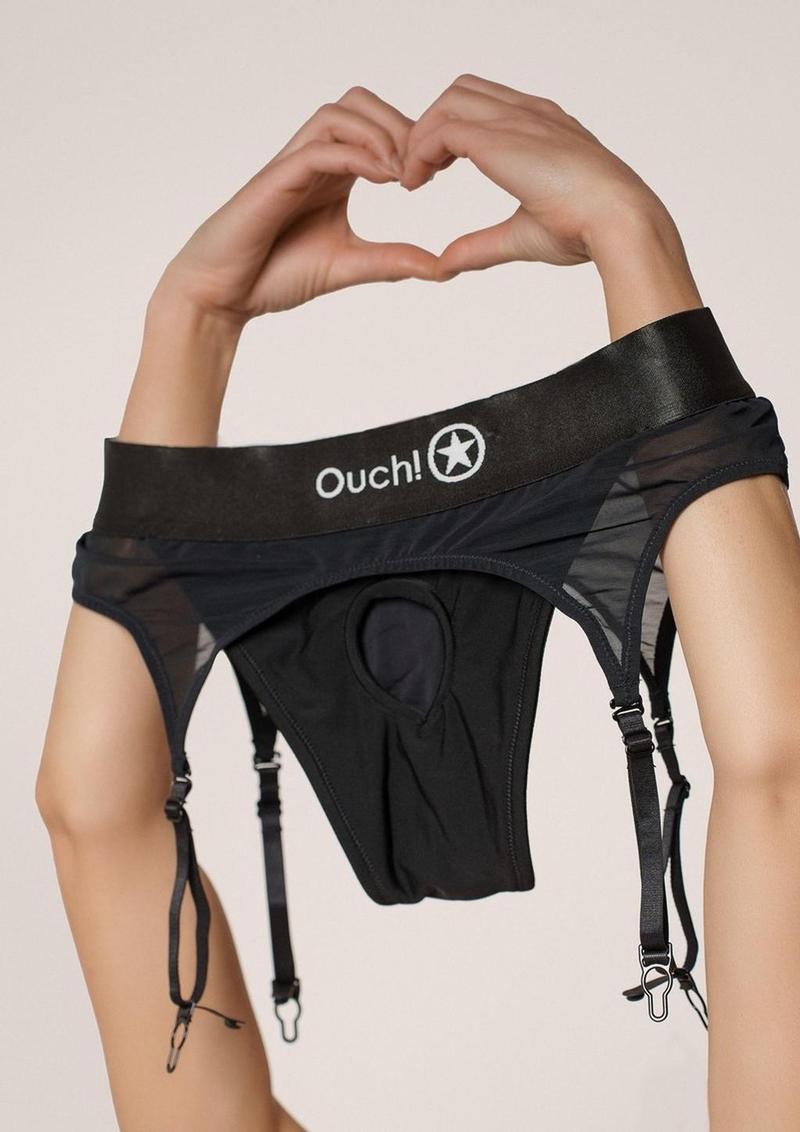 Ouch! Vibrating Strap-On Thong with Adjustable Garters Rechargeable - Black - XLarge/XXLarge