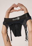 Ouch! Vibrating Strap-On Thong with Adjustable Garters Rechargeable - Black - XLarge/XXLarge
