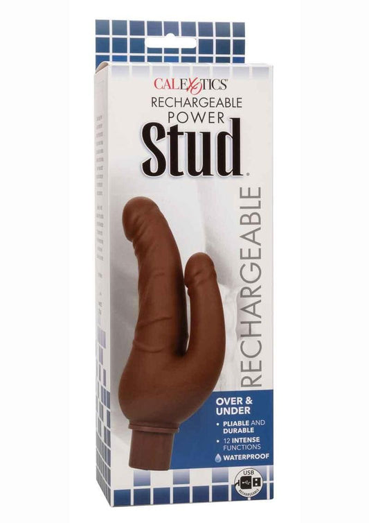 Rechargeable Power Stud Over and Under Silicone Vibrating Double Dong - Chocolate