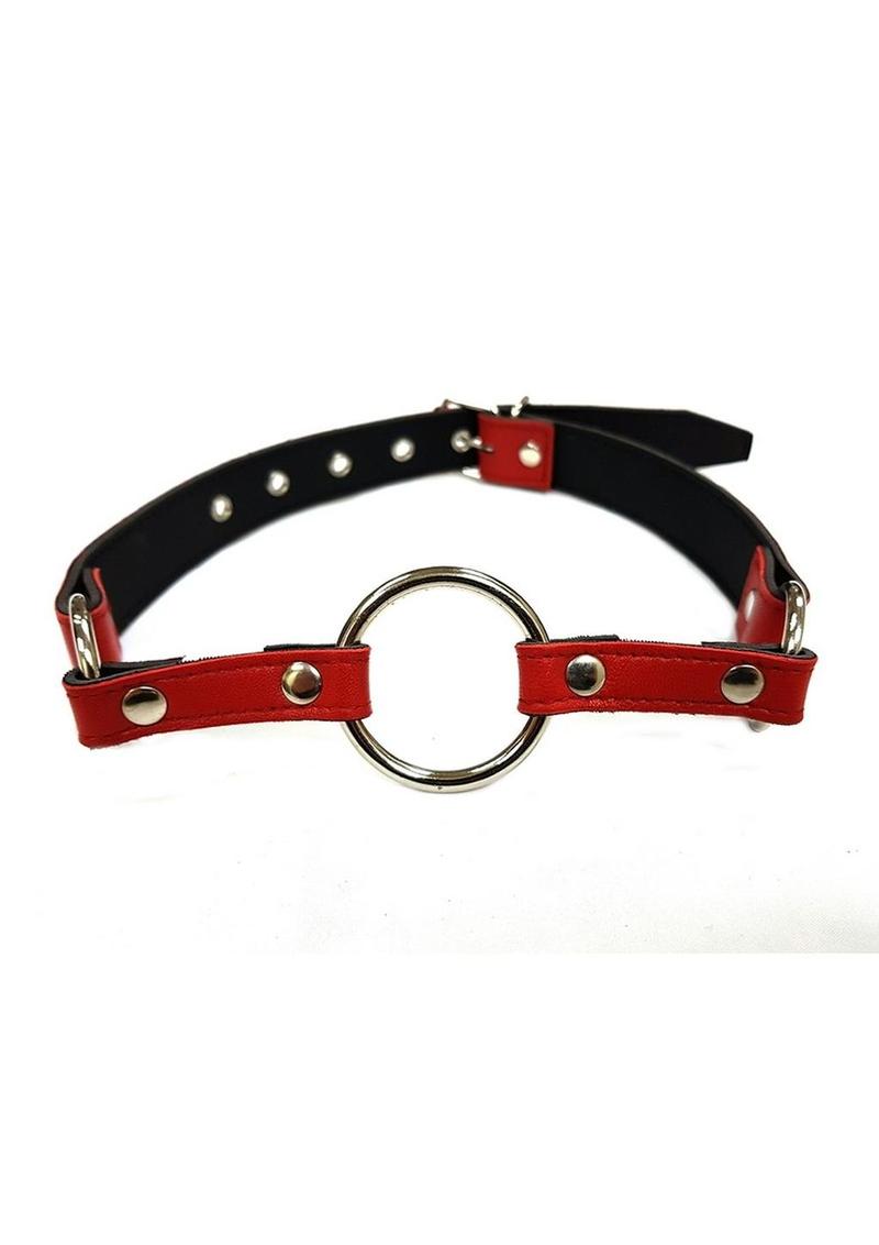 Rouge O Ring Leather Adjustable Mouth Gag - Metal/Red