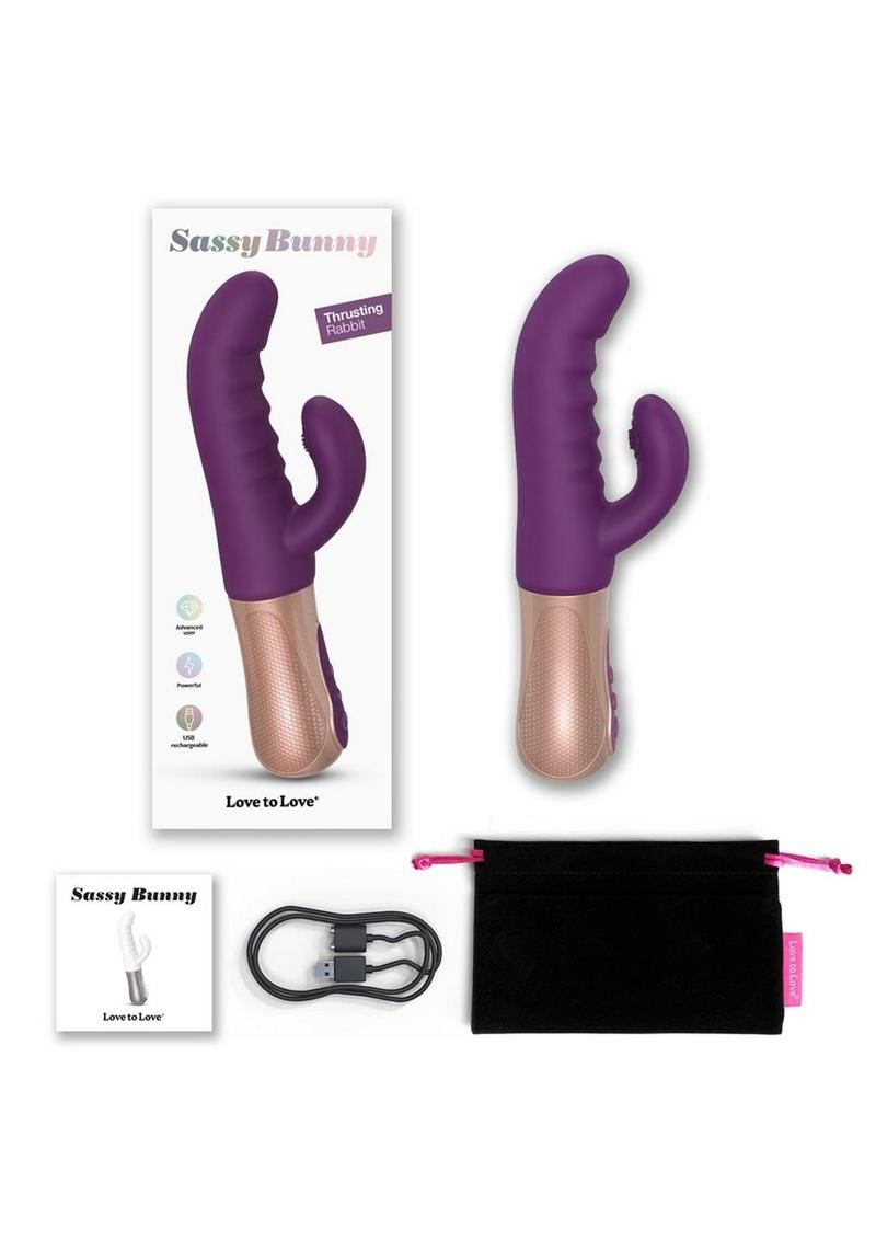 Sassy Bunny Dual Motor Rechargeable Silicone Thrusting Rabbit Vibrator - Purple/Purple Rain