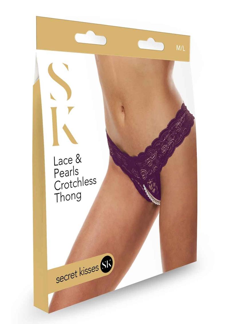 Secret Kisses Lace and Pearl Crotchless Thong - Black/Purple - Large/Medium