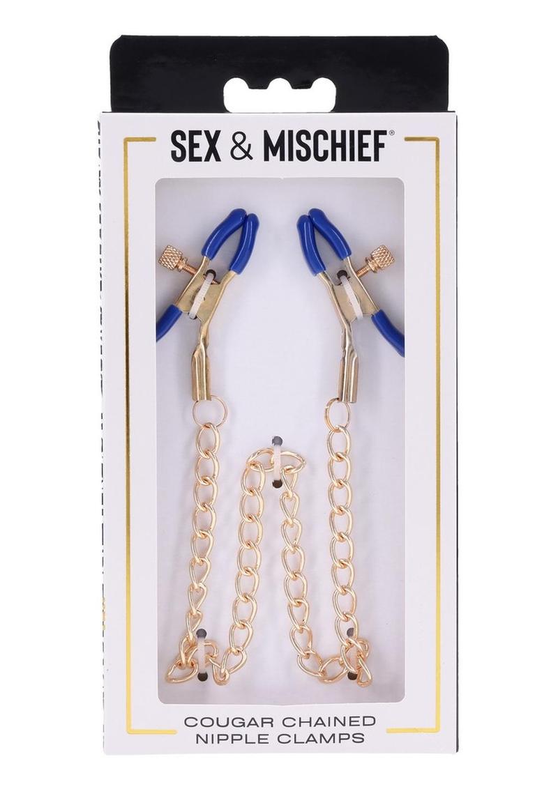 Sex and Mischief Cougar Chained Nipple Clamps - Blue/Gold/Navy