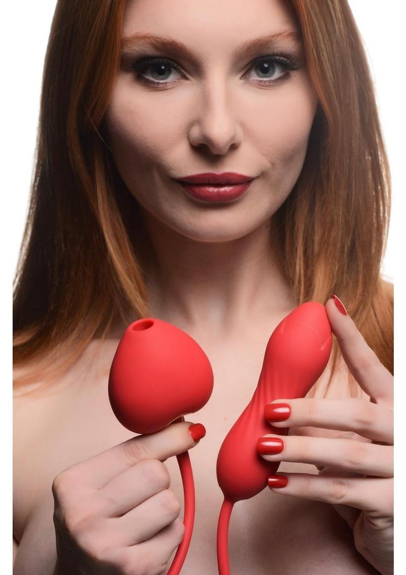 Shegasm Love On Me Rechargeable Silicone Suction Clit Stimulator and Vibrating Egg - Red