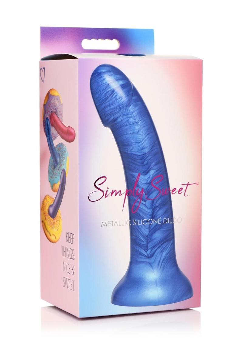 Simply Sweet Metallic Silicone Dildo - Blue - 7in