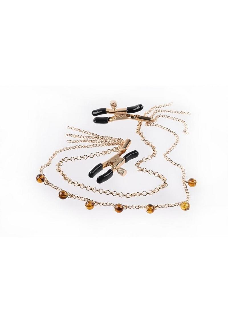 Sincerely Amber Chained Nipple Clamps - Animal Print/Gold