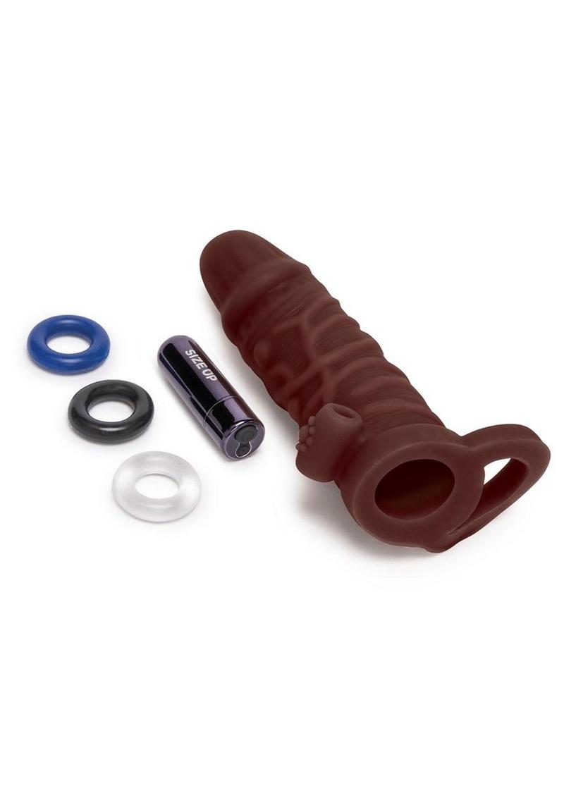 Size Up Silicone Vibrating Realistic Penis Extender with Ball Loop - Chocolate - 1in