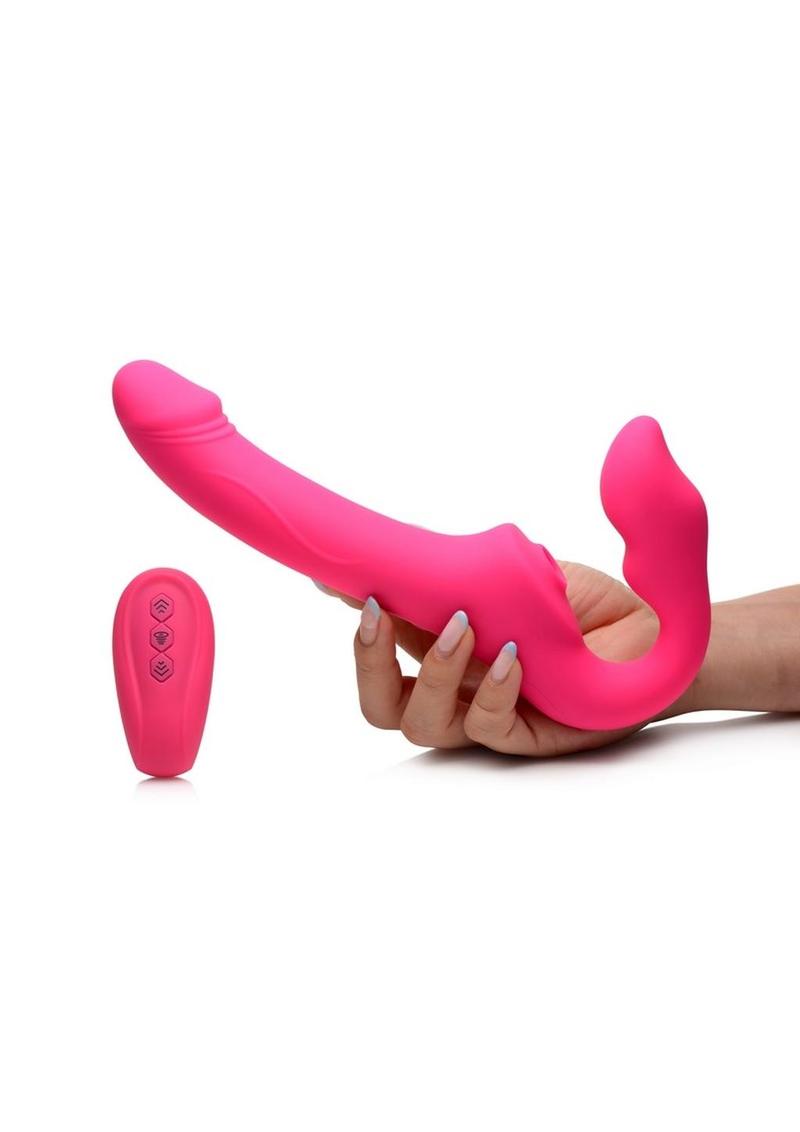 Strap U Licking Vibrating Rechargeable Silicone Strapless Strap-On with Remote Control - Pink