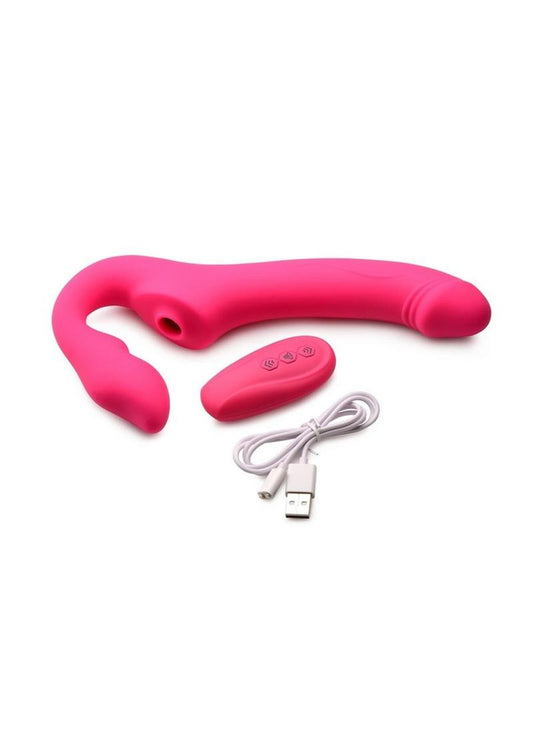 Strap U Licking Vibrating Rechargeable Silicone Strapless Strap-On with Remote Control - Pink