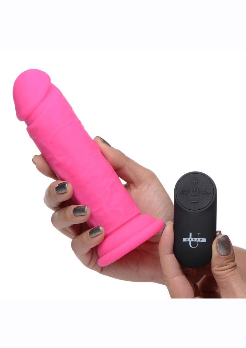 Strap U Power Player 28x Vibrating Silicone Rechargeable Dildo 6.5in with Remote Control - Pink