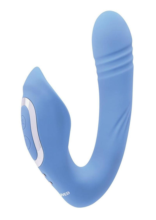 Tap and Thrust Rechargeable Silicone Vibrator with Clitoral Stimulation - Blue