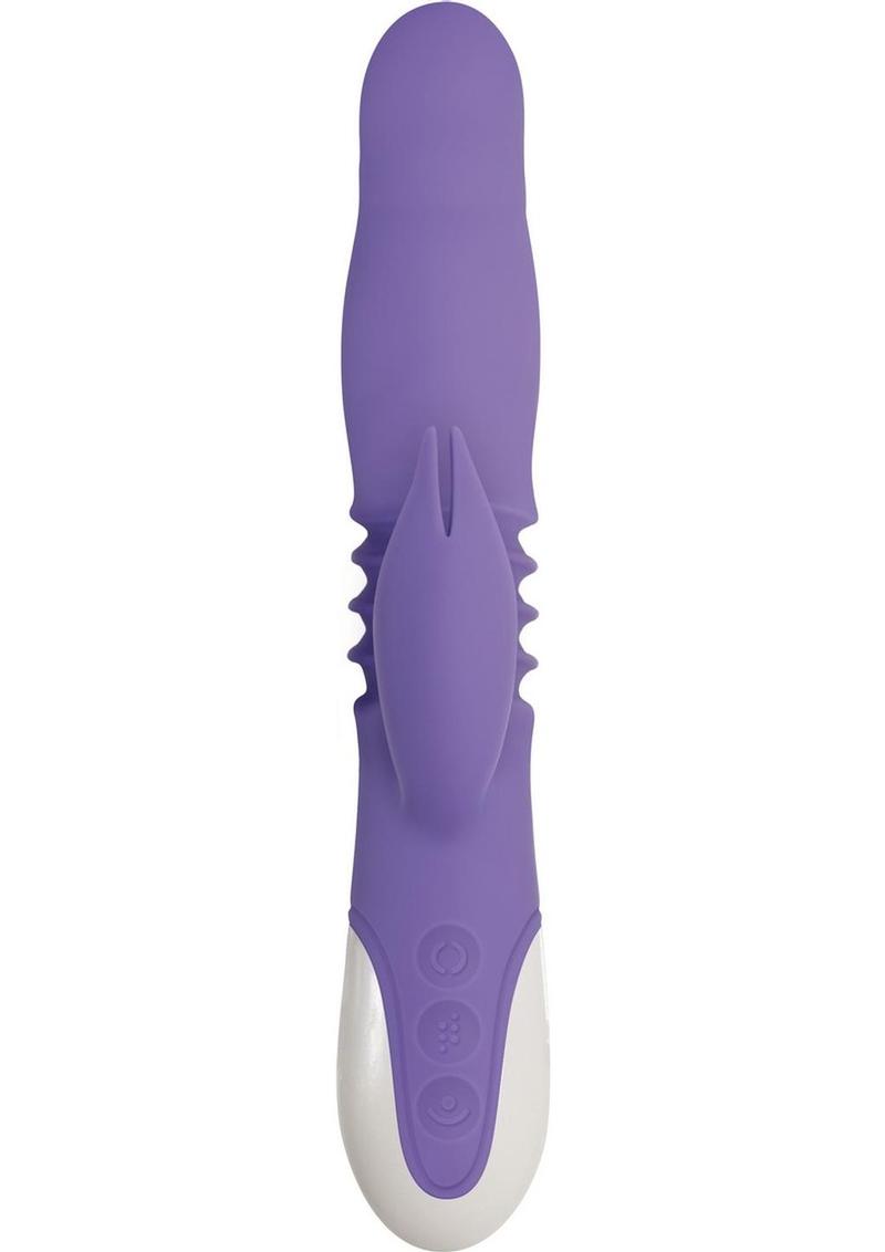 Thick and Thrust Bunny Rechargeable Silicone Rabbit Vibrator with Length Thrusting and Girth Expanding Action - Lavender/Purple