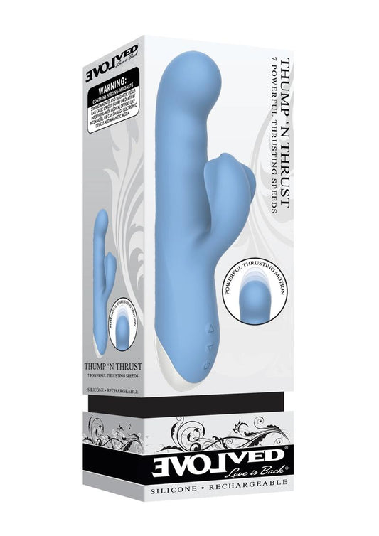 Thump and Thrust Rechargeable Silicone Vibrator with Clitoral Stimulator - Blue