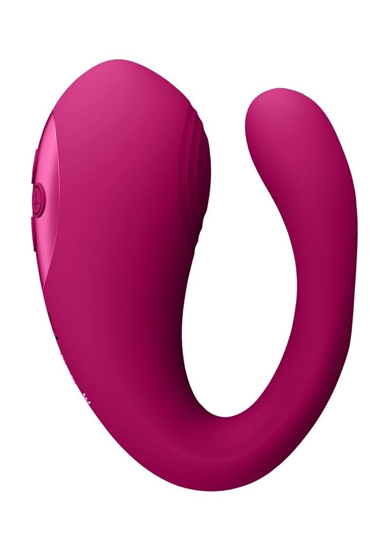 Vive Yoko Rechargeable Silicone Tripe Motor Dual Prongs with Clitoral Pulse Wave Vibrator - Pink