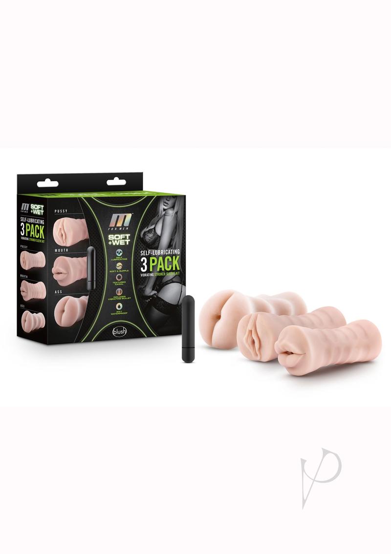 M for Men Soft & Wet Self-Lubricating Vibrating Masturbator Kit (Set Of 3) - Vanilla