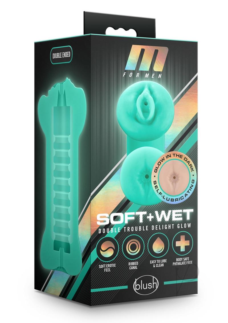 M for Men Soft and Wet - Double Trouble Glow In The Dark Masturbator - Turquoise/Vanilla