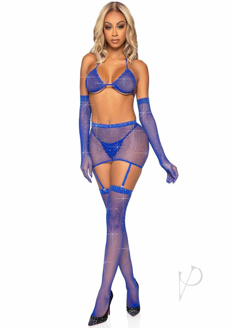 Leg Avenue Rhinestone Fishnet Garter Skirt Set with Bikini Top, G-String, Gloves and Stockings (5 pieces) - O/S - Blue