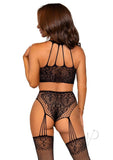 Leg Avenue Lace and Net Halter Crop Top and High Waist Crotchless Garter Panty with Attached Stockings